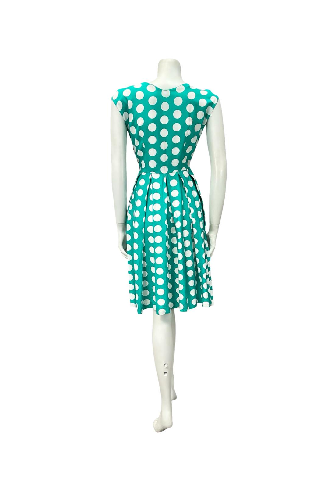 VTG 50S 60S GREEN WHITE POLKA DOT GEOMETRIC PLEAT ROCKABILLY SWING DRESS 8