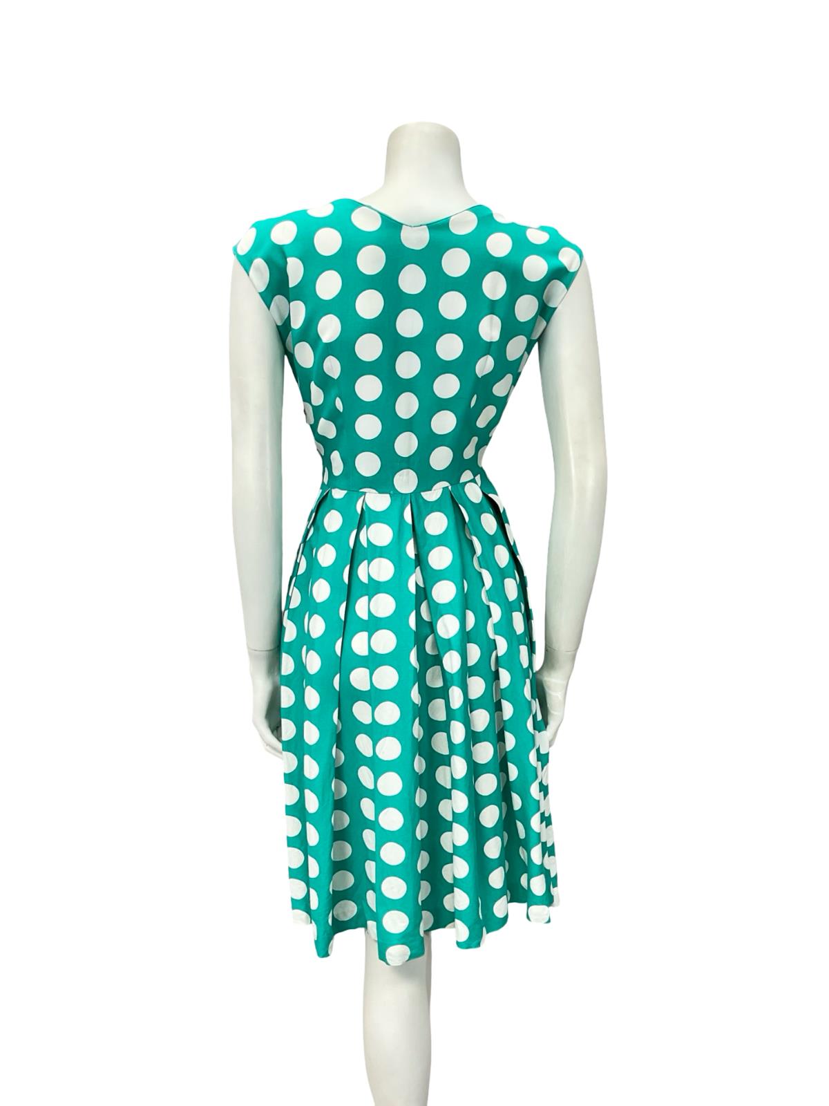 VTG 50S 60S GREEN WHITE POLKA DOT GEOMETRIC PLEAT ROCKABILLY SWING DRESS 8