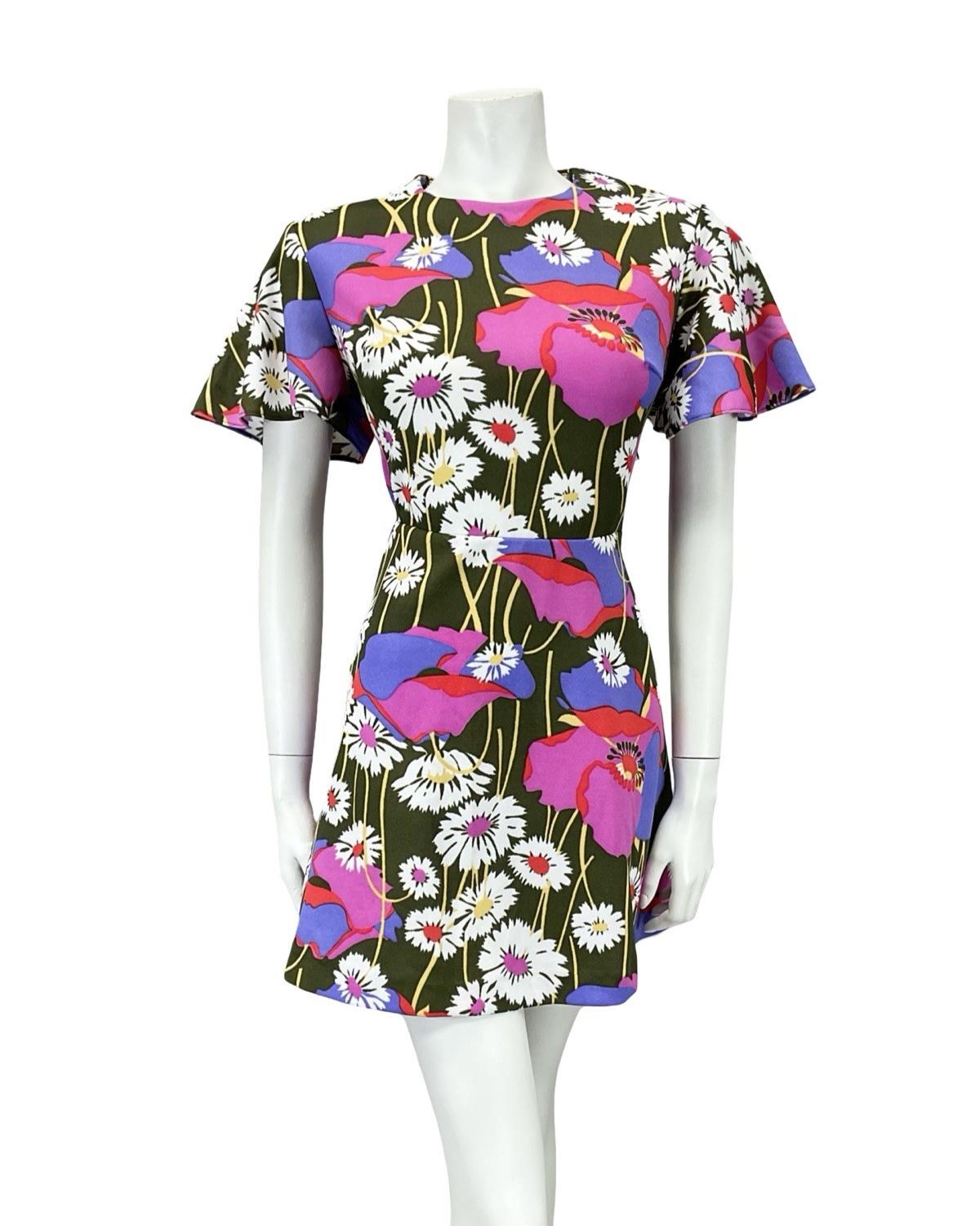 VTG 60S 70S GREEN WHITE PINK PURPLE FLORAL DAISY POPPY SWING MINI DRESS 12 14 M