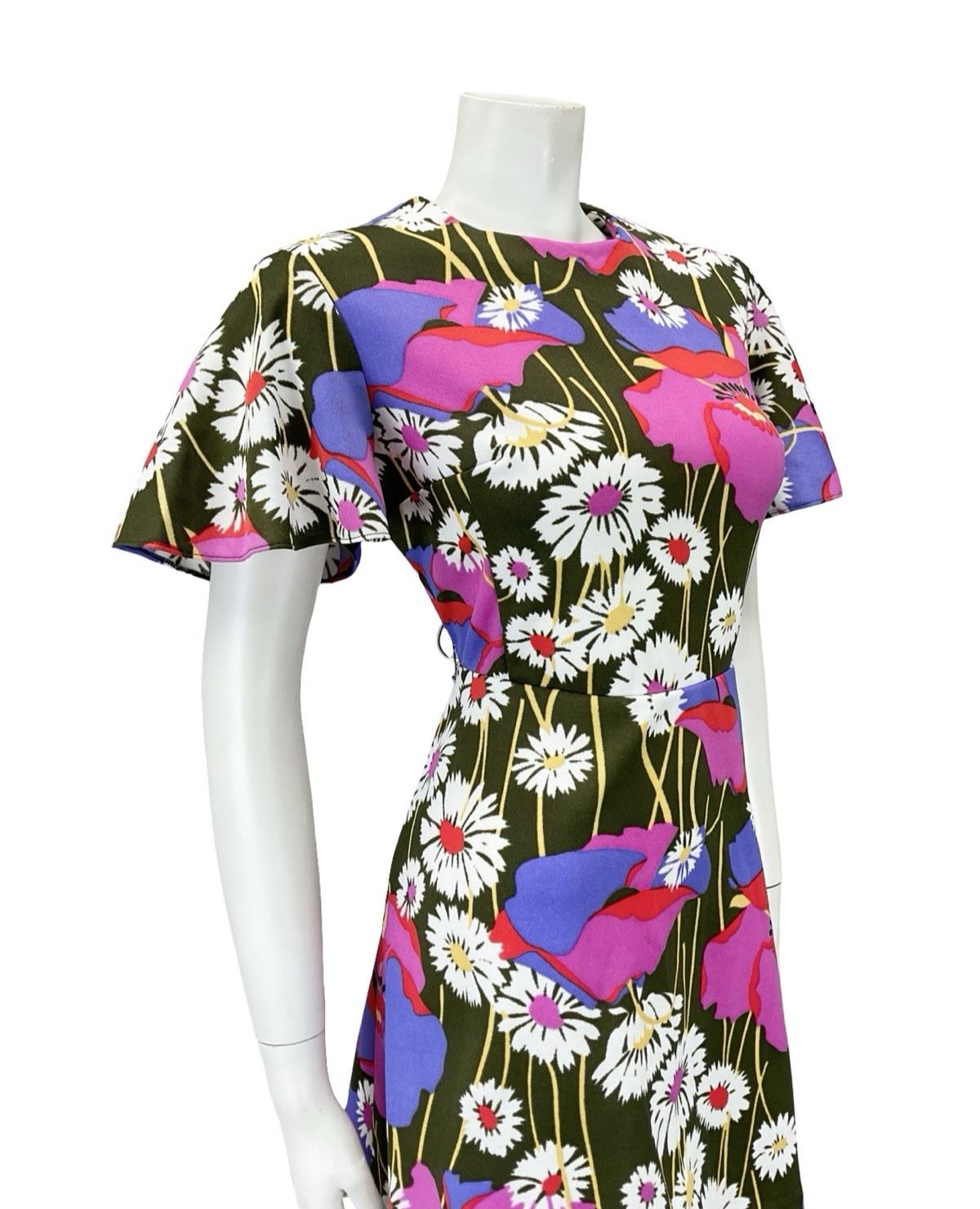 VTG 60S 70S GREEN WHITE PINK PURPLE FLORAL DAISY POPPY SWING MINI DRESS 12 14 M