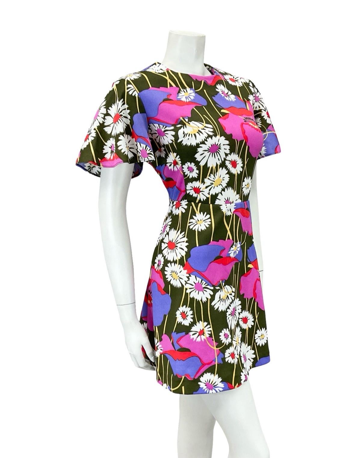 VTG 60S 70S GREEN WHITE PINK PURPLE FLORAL DAISY POPPY SWING MINI DRESS 12 14 M