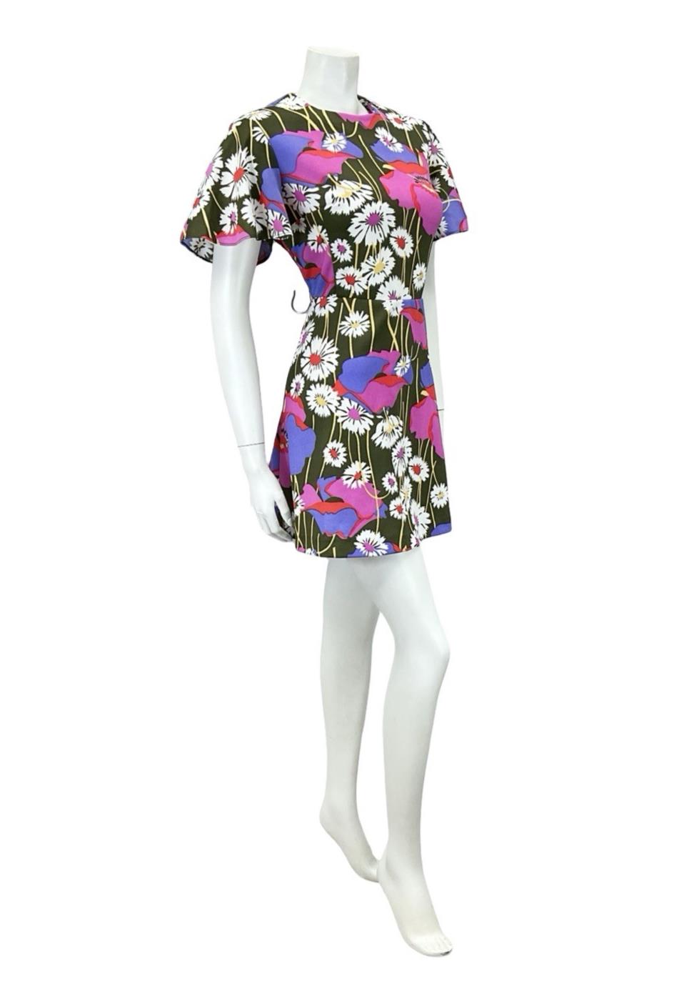 VTG 60S 70S GREEN WHITE PINK PURPLE FLORAL DAISY POPPY SWING MINI DRESS 12 14 M