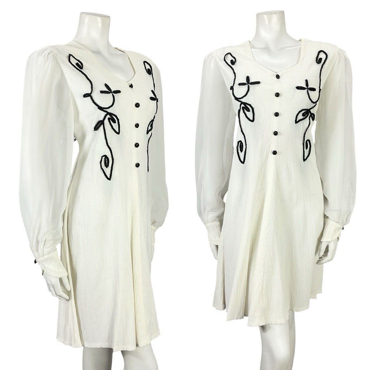 VTG 60S 70S WHITE BLACK PLISSE MESH BISHOP SLEEVES MOD A LINE SHIFT DRESS 12