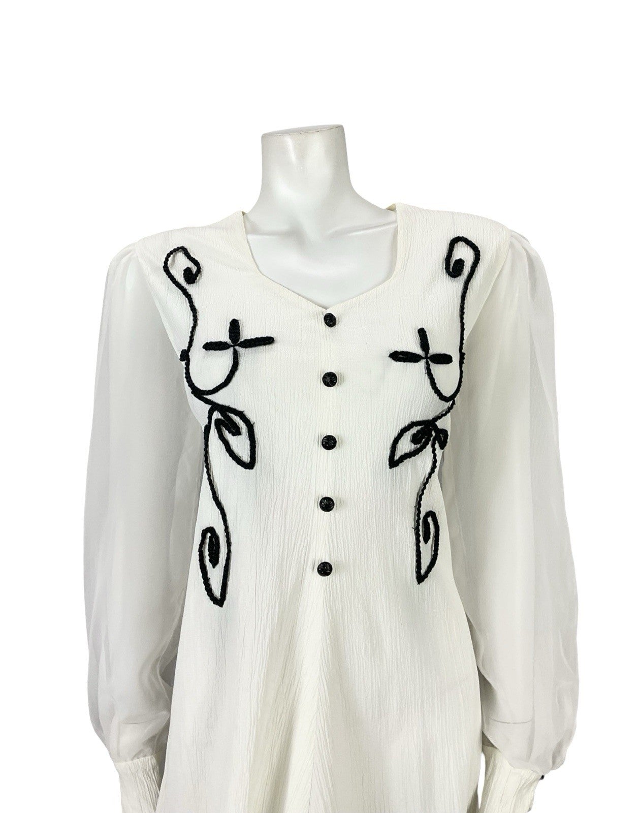 VTG 60S 70S WHITE BLACK PLISSE MESH BISHOP SLEEVES MOD A LINE SHIFT DRESS 12