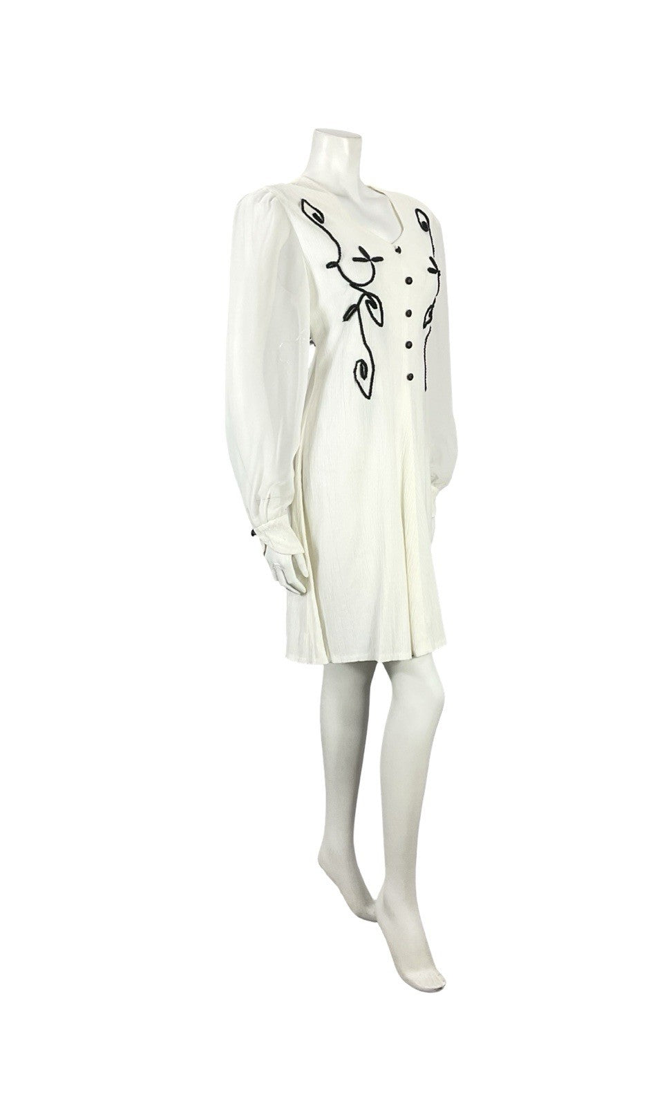 VTG 60S 70S WHITE BLACK PLISSE MESH BISHOP SLEEVES MOD A LINE SHIFT DRESS 12