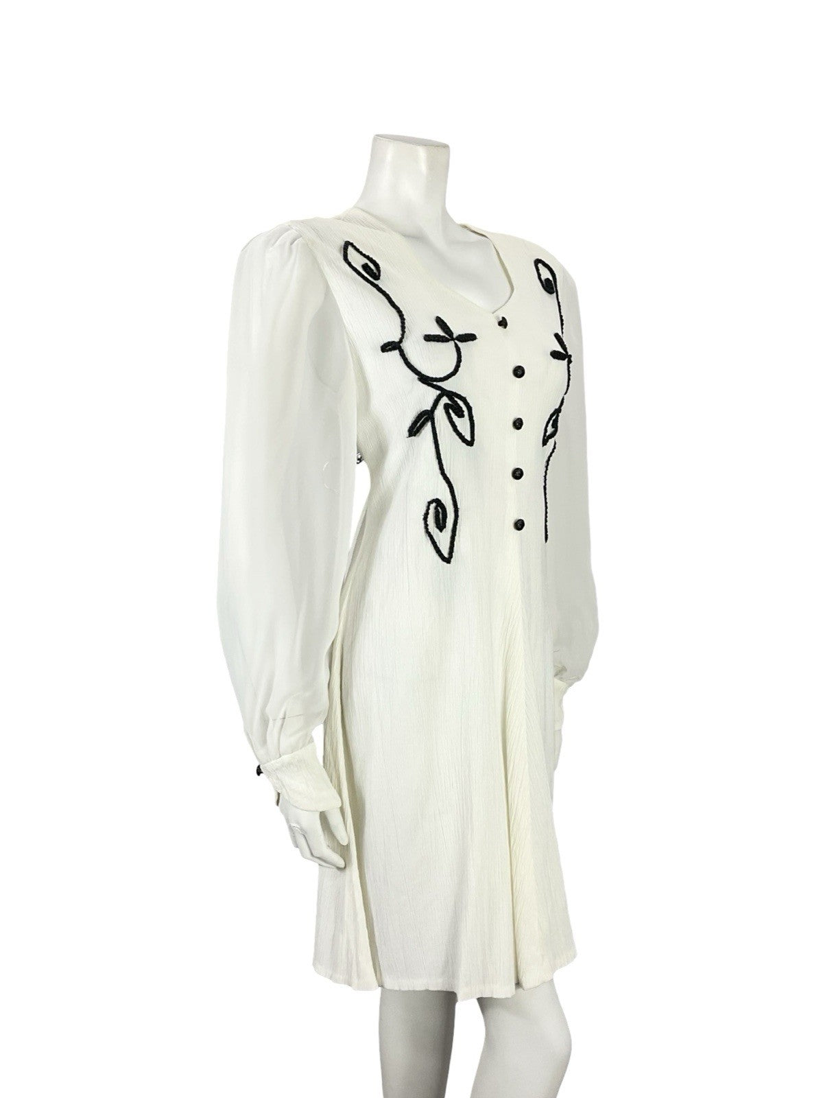 VTG 60S 70S WHITE BLACK PLISSE MESH BISHOP SLEEVES MOD A LINE SHIFT DRESS 12