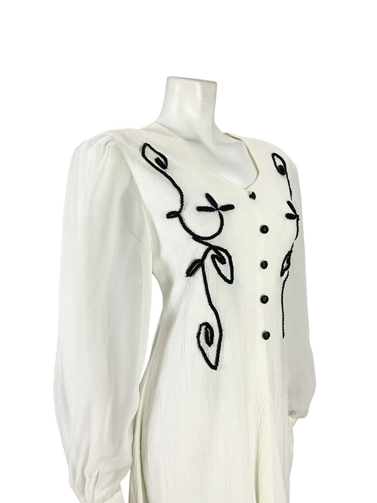 VTG 60S 70S WHITE BLACK PLISSE MESH BISHOP SLEEVES MOD A LINE SHIFT DRESS 12