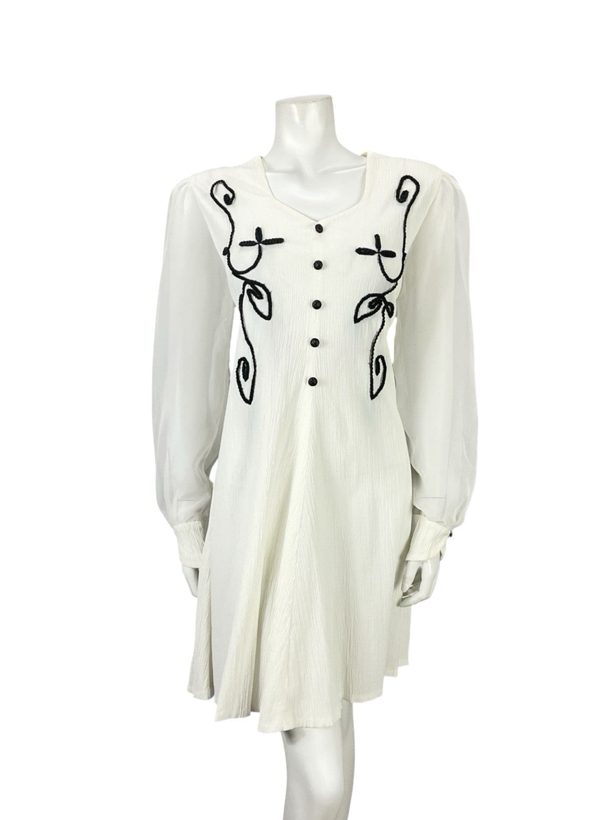 VTG 60S 70S WHITE BLACK PLISSE MESH BISHOP SLEEVES MOD A LINE SHIFT DRESS 12