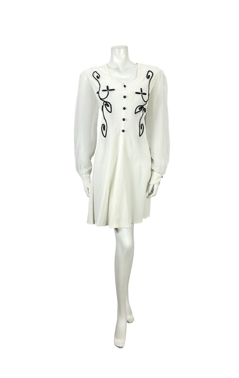 VTG 60S 70S WHITE BLACK PLISSE MESH BISHOP SLEEVES MOD A LINE SHIFT DRESS 12