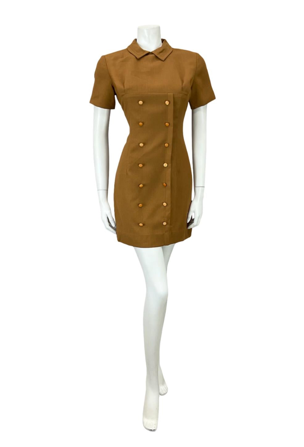 VTG 60S BROWN MOD GOGO PETER PAN COLLAR DOUBLE BREAST MINI DRESS 8 10 S