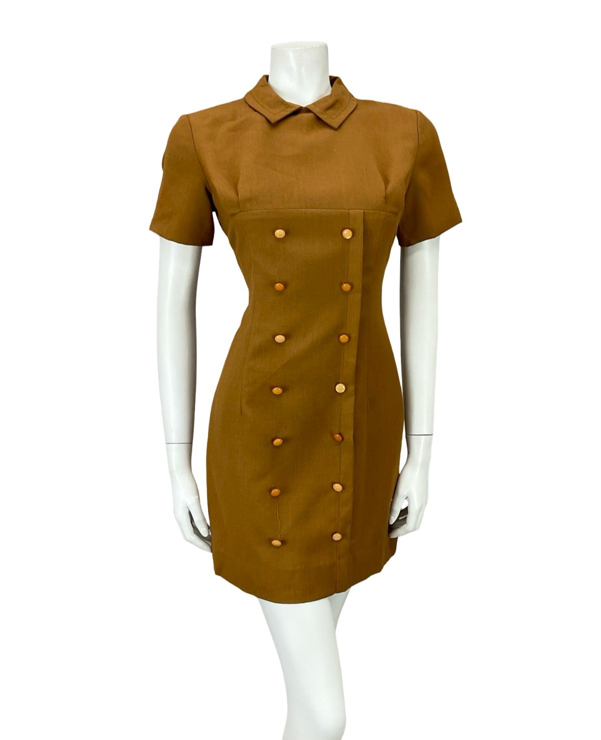 VTG 60S BROWN MOD GOGO PETER PAN COLLAR DOUBLE BREAST MINI DRESS 8 10 S