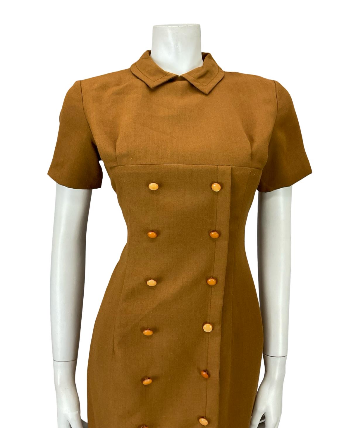 VTG 60S BROWN MOD GOGO PETER PAN COLLAR DOUBLE BREAST MINI DRESS 8 10 S