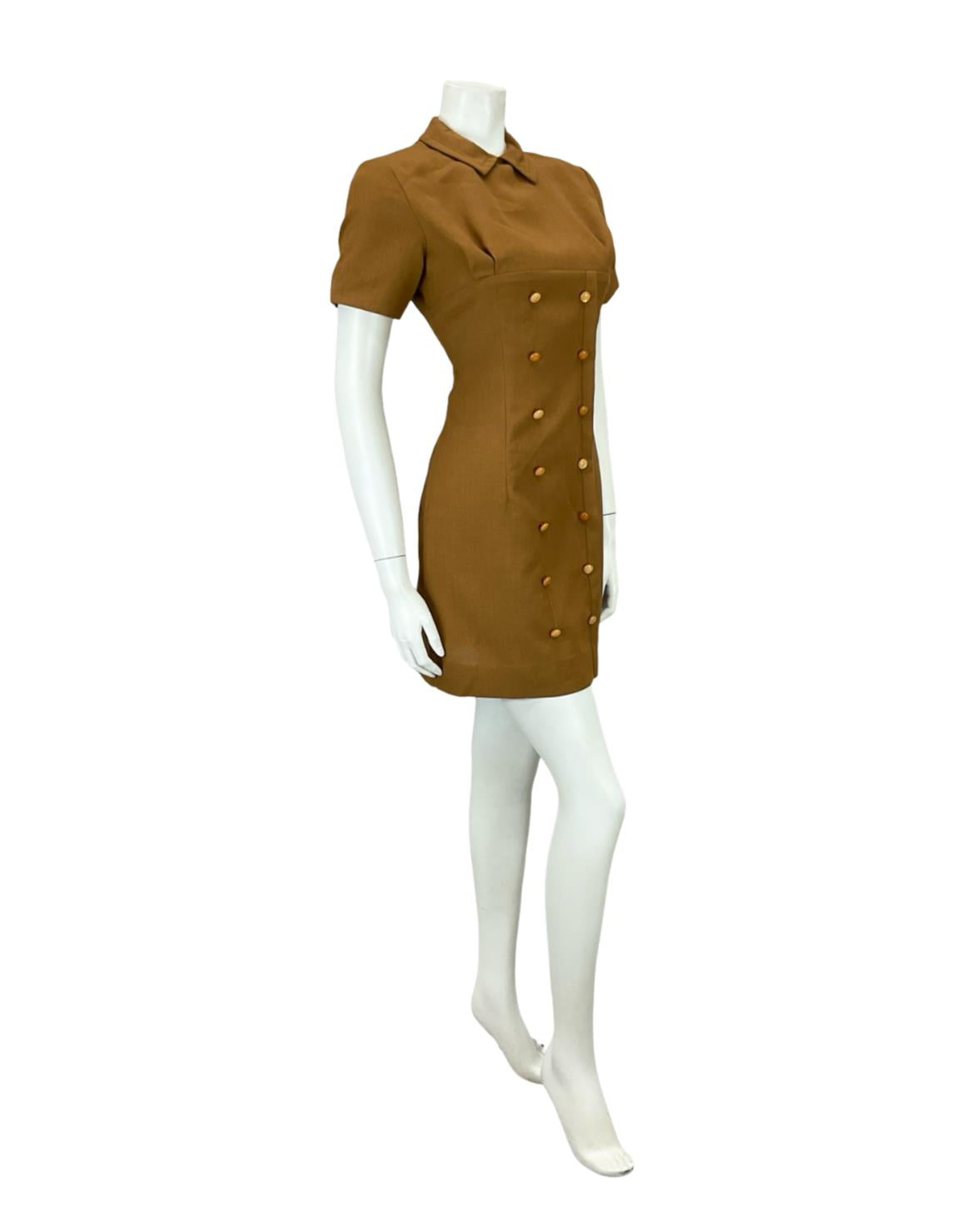 VTG 60S BROWN MOD GOGO PETER PAN COLLAR DOUBLE BREAST MINI DRESS 8 10 S