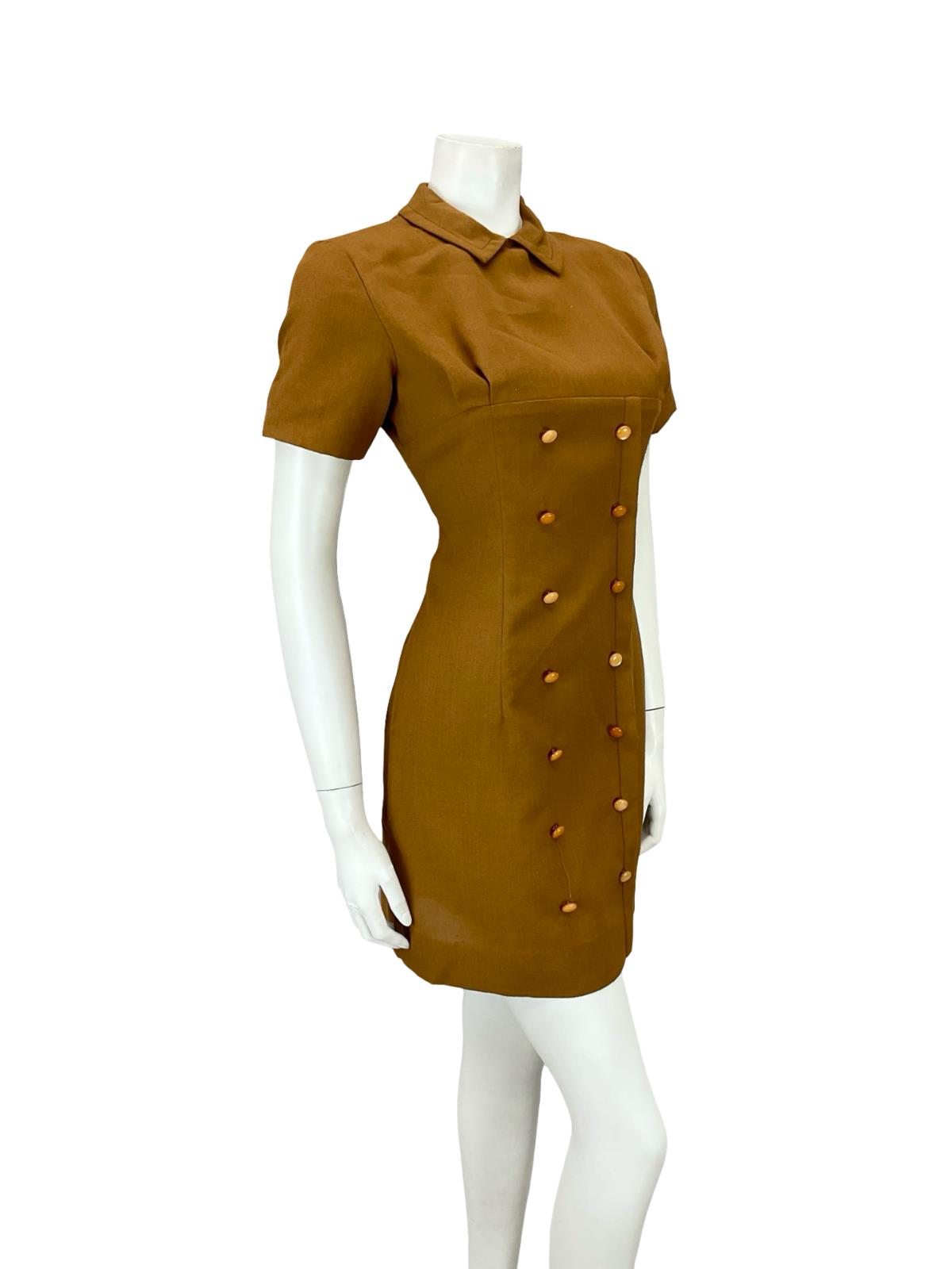 VTG 60S BROWN MOD GOGO PETER PAN COLLAR DOUBLE BREAST MINI DRESS 8 10 S