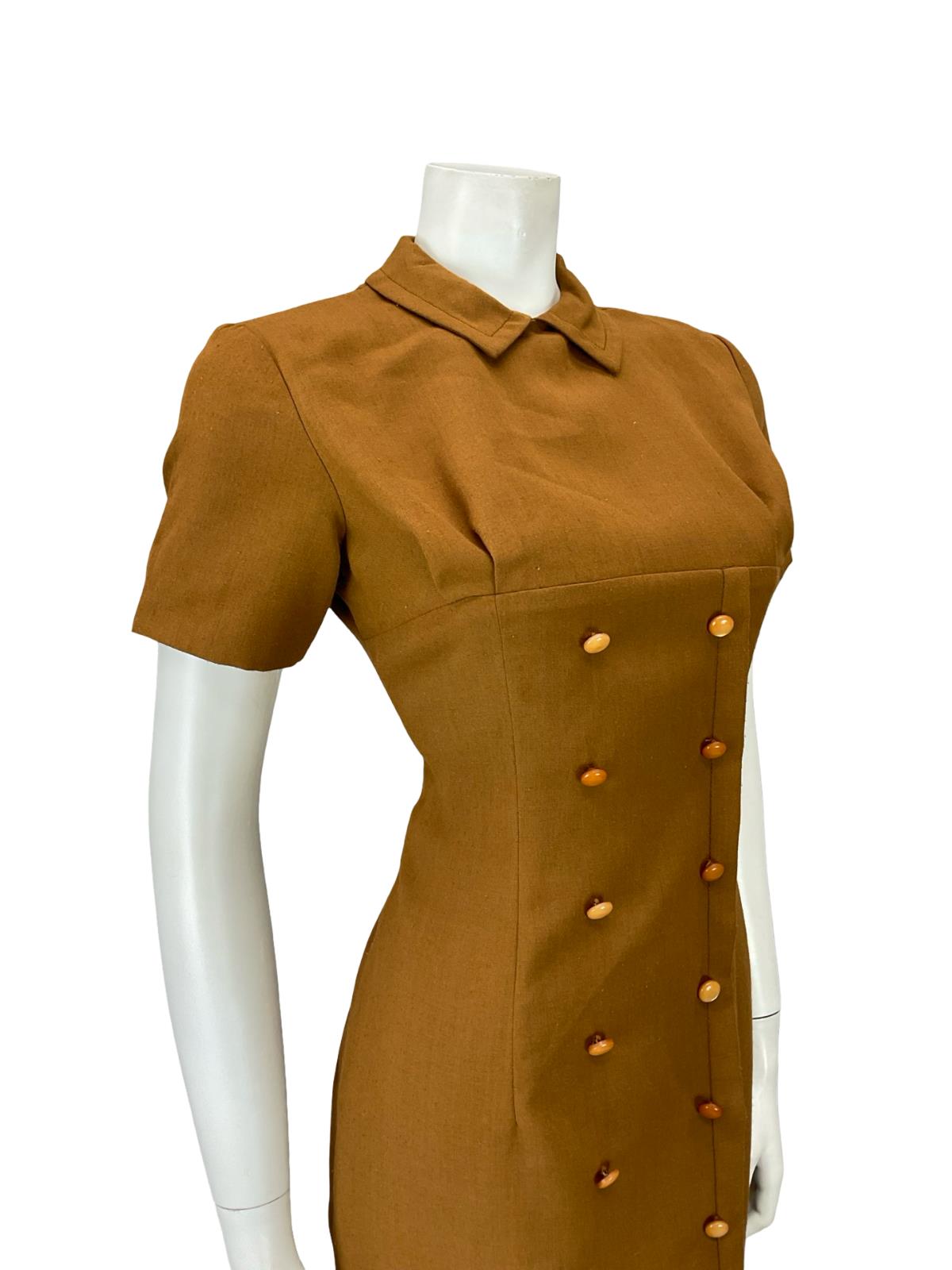 VTG 60S BROWN MOD GOGO PETER PAN COLLAR DOUBLE BREAST MINI DRESS 8 10 S