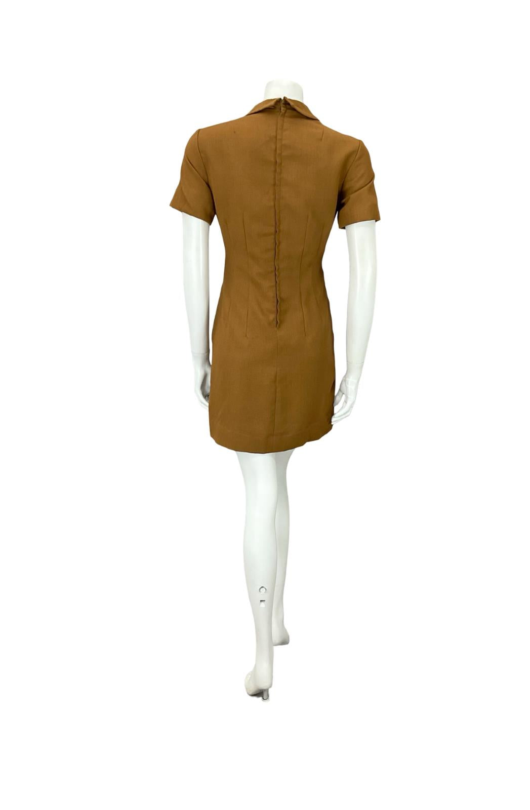 VTG 60S BROWN MOD GOGO PETER PAN COLLAR DOUBLE BREAST MINI DRESS 8 10 S