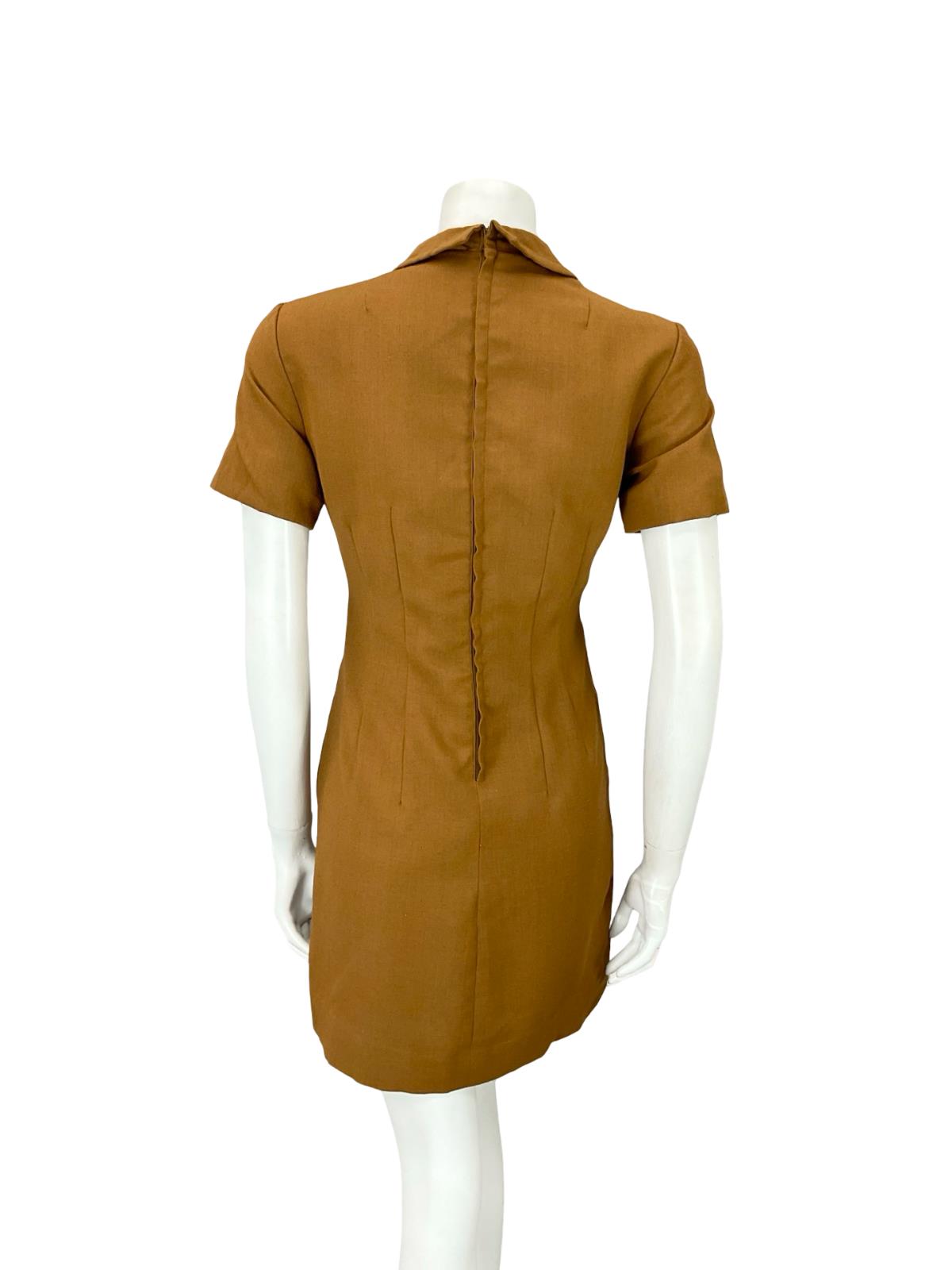 VTG 60S BROWN MOD GOGO PETER PAN COLLAR DOUBLE BREAST MINI DRESS 8 10 S