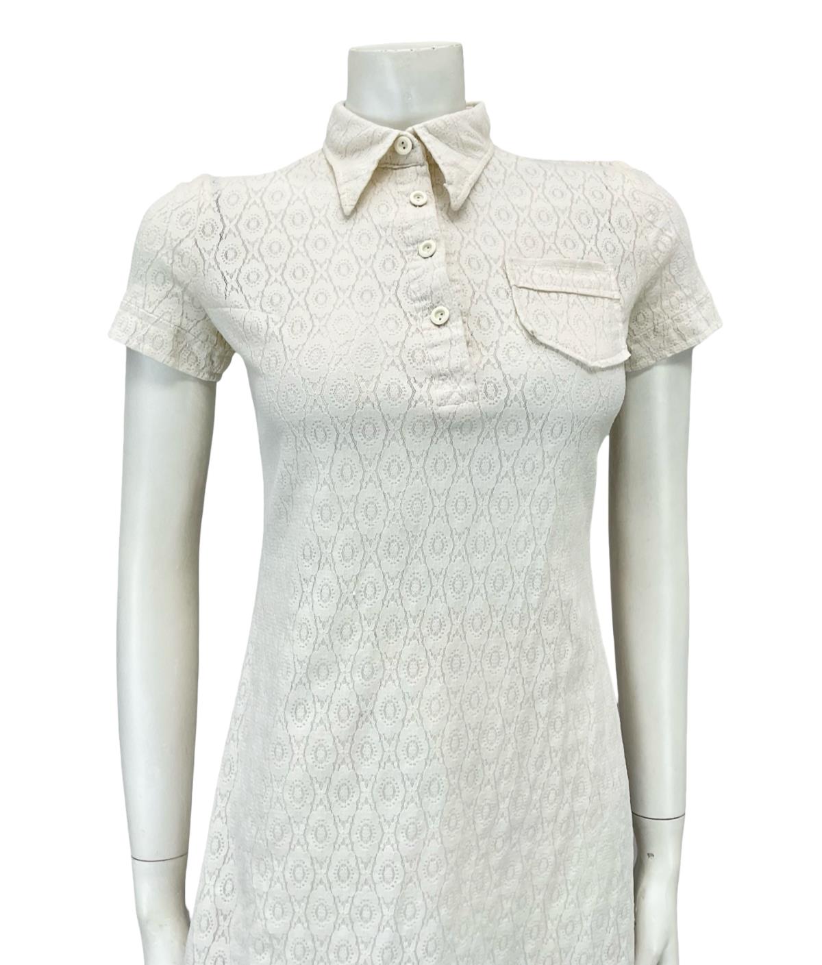 VTG 60S CREAM LACE DAGGER COLLAR MOD GOGO BOHO MINI SHIRT DRESS XS 6