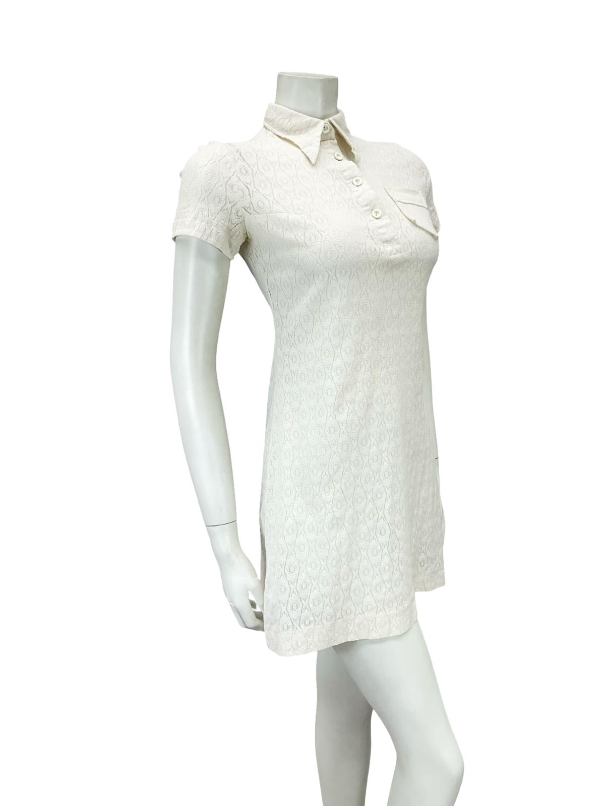 VTG 60S CREAM LACE DAGGER COLLAR MOD GOGO BOHO MINI SHIRT DRESS XS 6