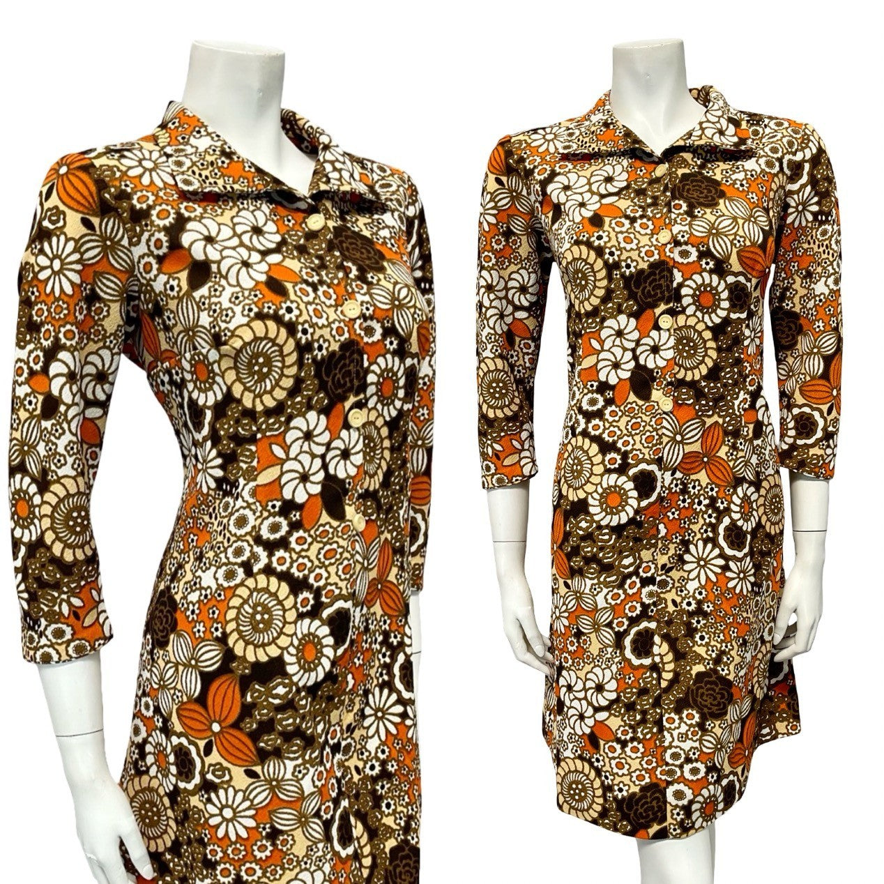 VTG 60S BROWN ORANGE WHITE BEIGE PSYCHEDELIC FLORAL SHIFT SHIRT DRESS 12