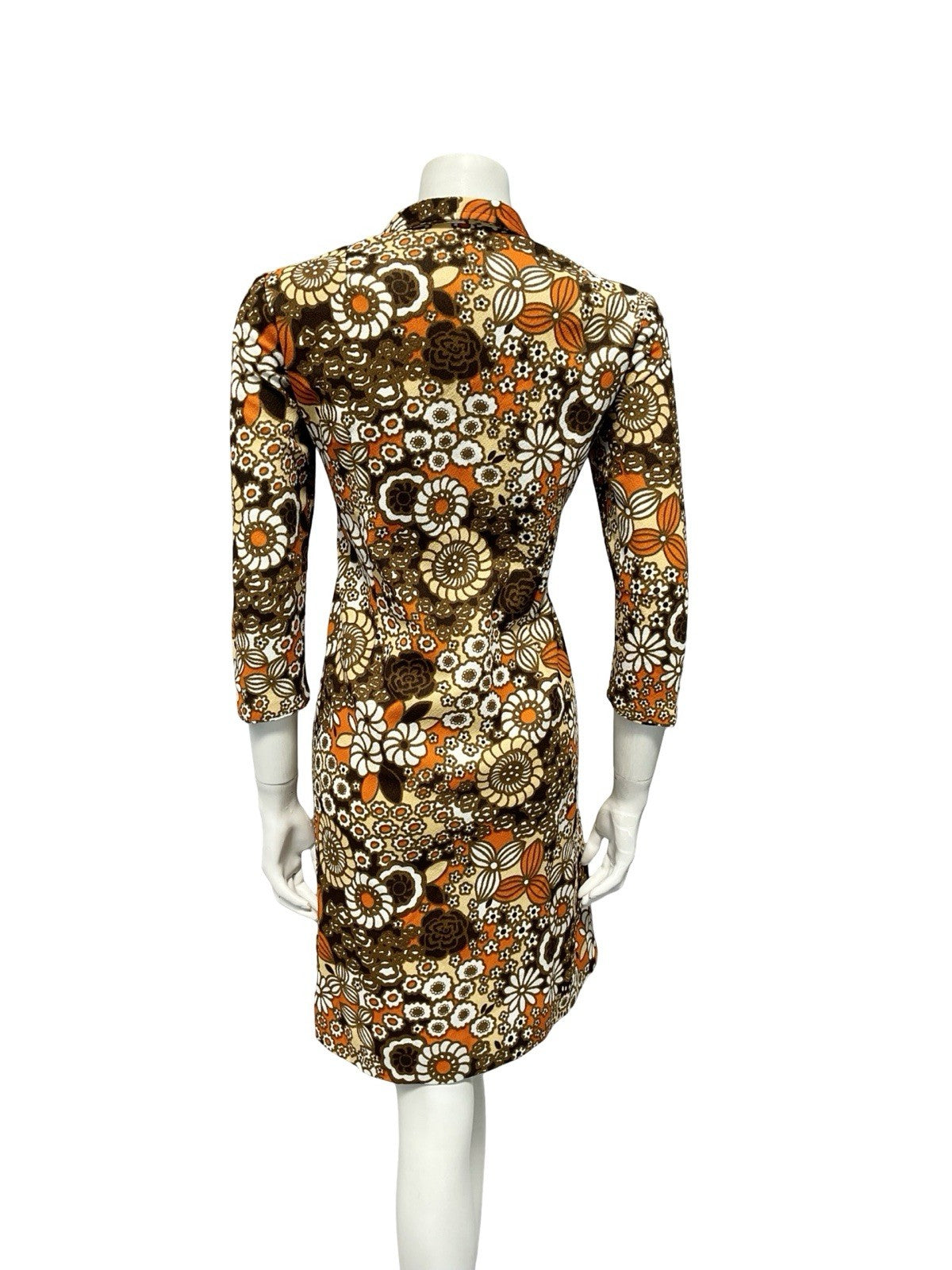 VTG 60S BROWN ORANGE WHITE BEIGE PSYCHEDELIC FLORAL SHIFT SHIRT DRESS 12