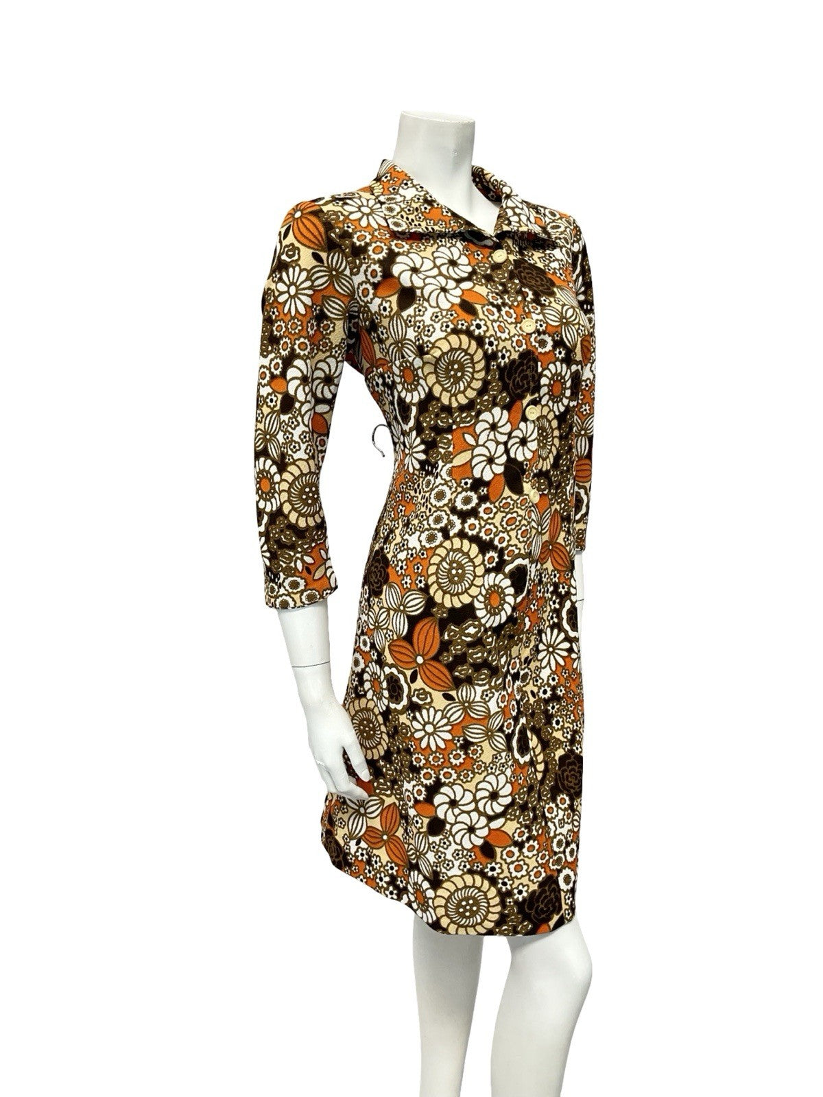 VTG 60S BROWN ORANGE WHITE BEIGE PSYCHEDELIC FLORAL SHIFT SHIRT DRESS 12