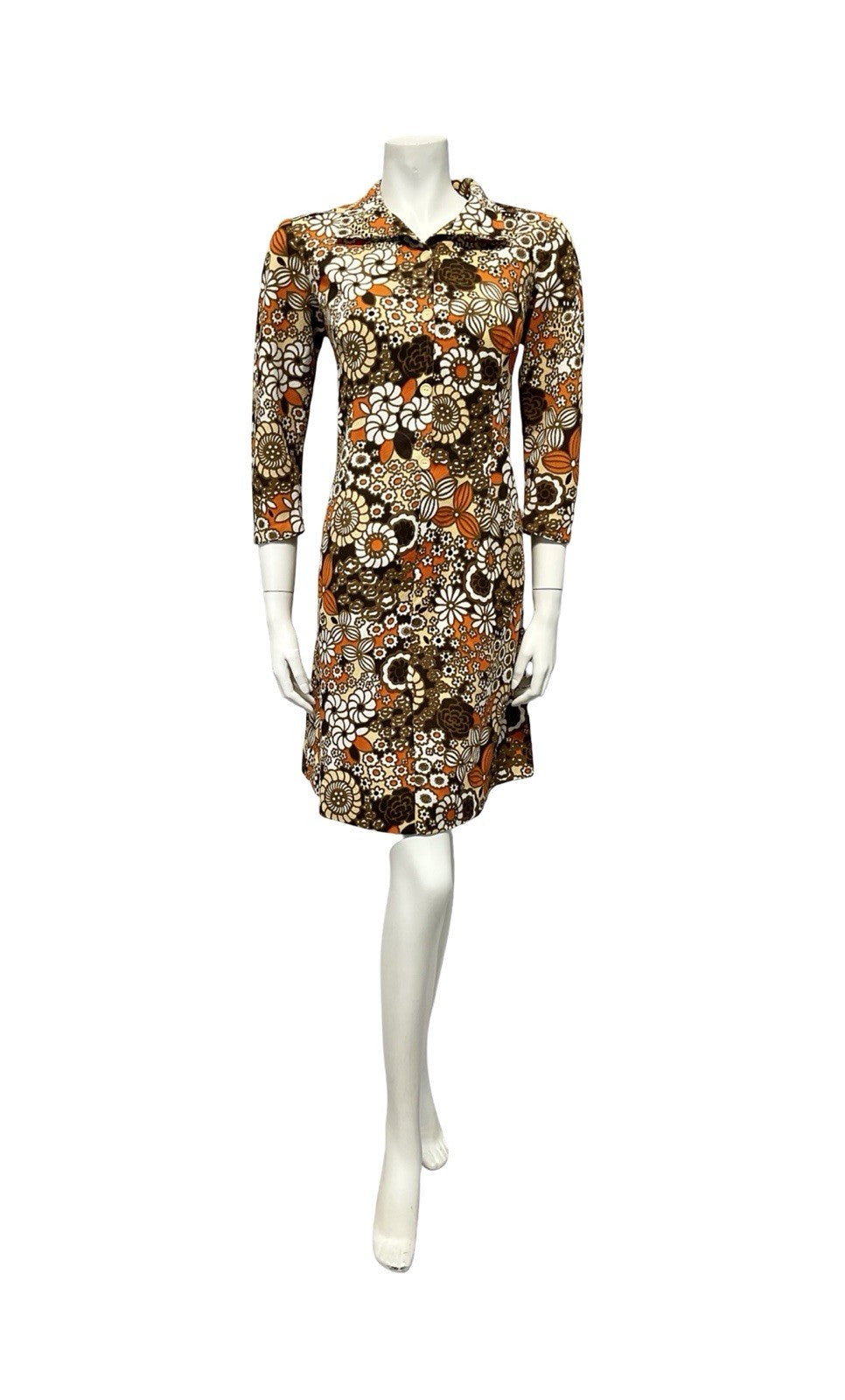 VTG 60S BROWN ORANGE WHITE BEIGE PSYCHEDELIC FLORAL SHIFT SHIRT DRESS 12