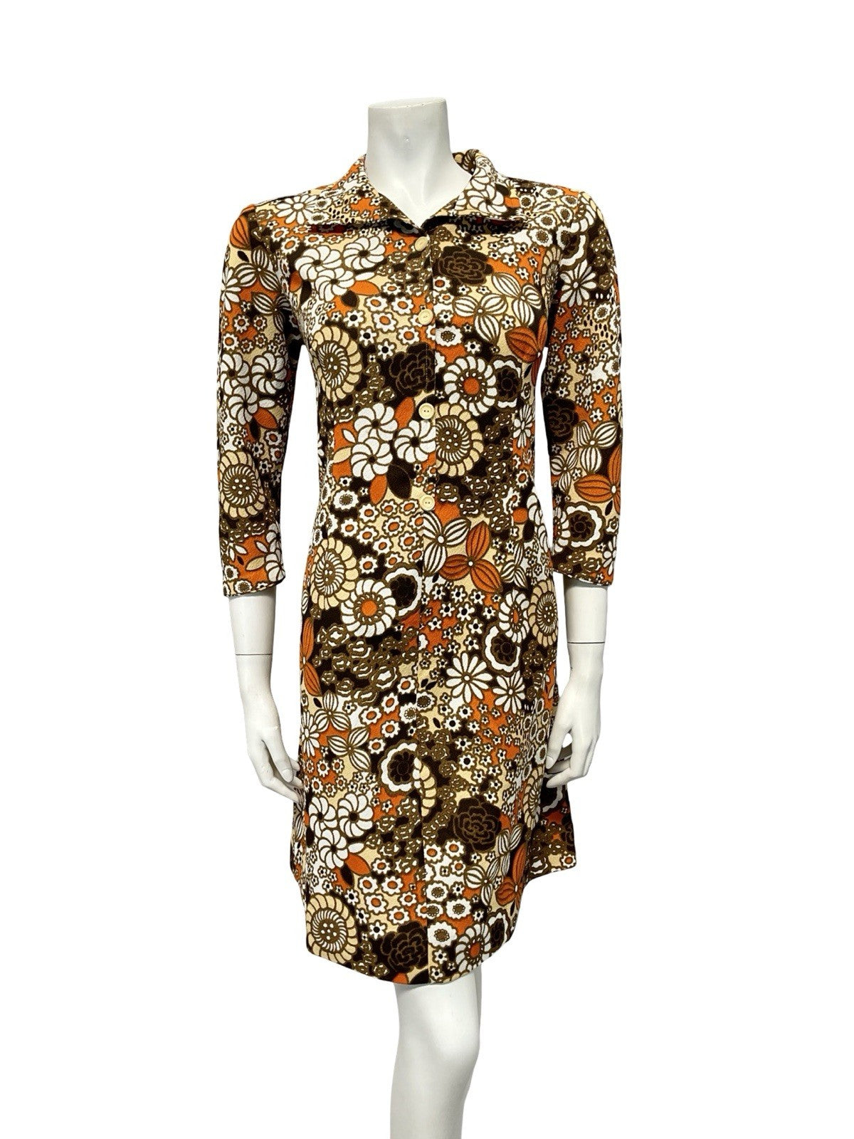 VTG 60S BROWN ORANGE WHITE BEIGE PSYCHEDELIC FLORAL SHIFT SHIRT DRESS 12