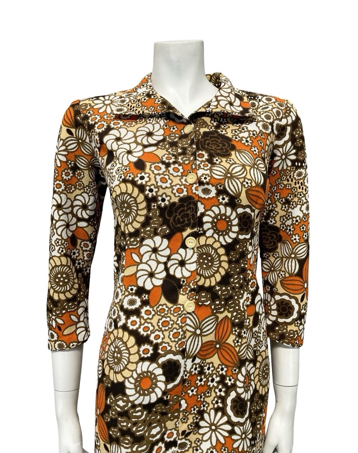 VTG 60S BROWN ORANGE WHITE BEIGE PSYCHEDELIC FLORAL SHIFT SHIRT DRESS 12