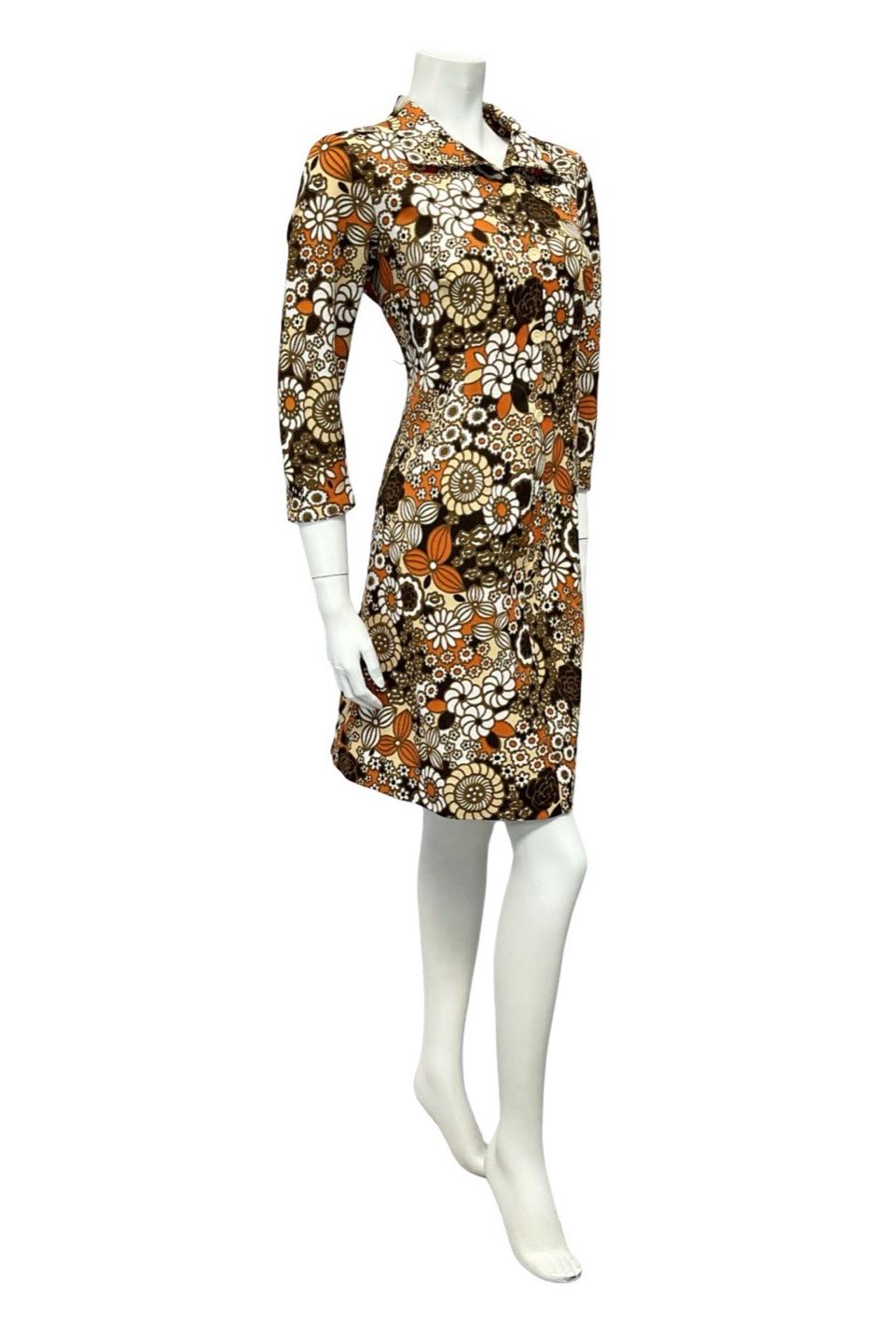 VTG 60S BROWN ORANGE WHITE BEIGE PSYCHEDELIC FLORAL SHIFT SHIRT DRESS 12