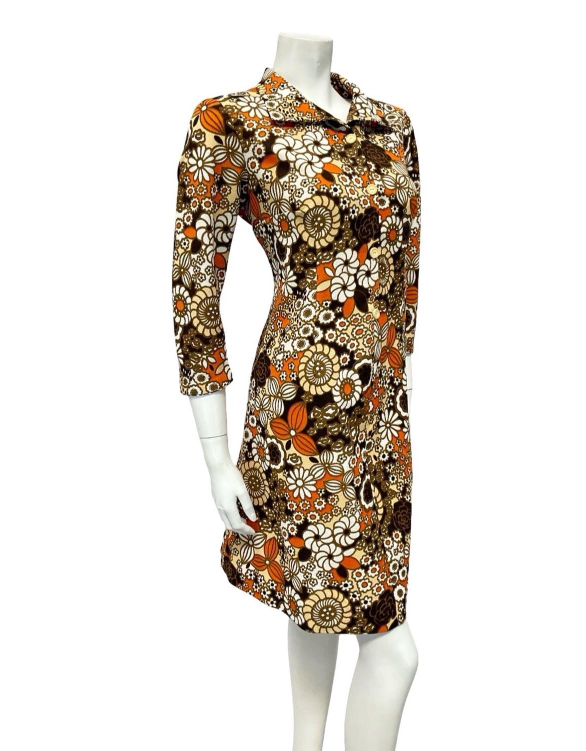 VTG 60S BROWN ORANGE WHITE BEIGE PSYCHEDELIC FLORAL SHIFT SHIRT DRESS 12