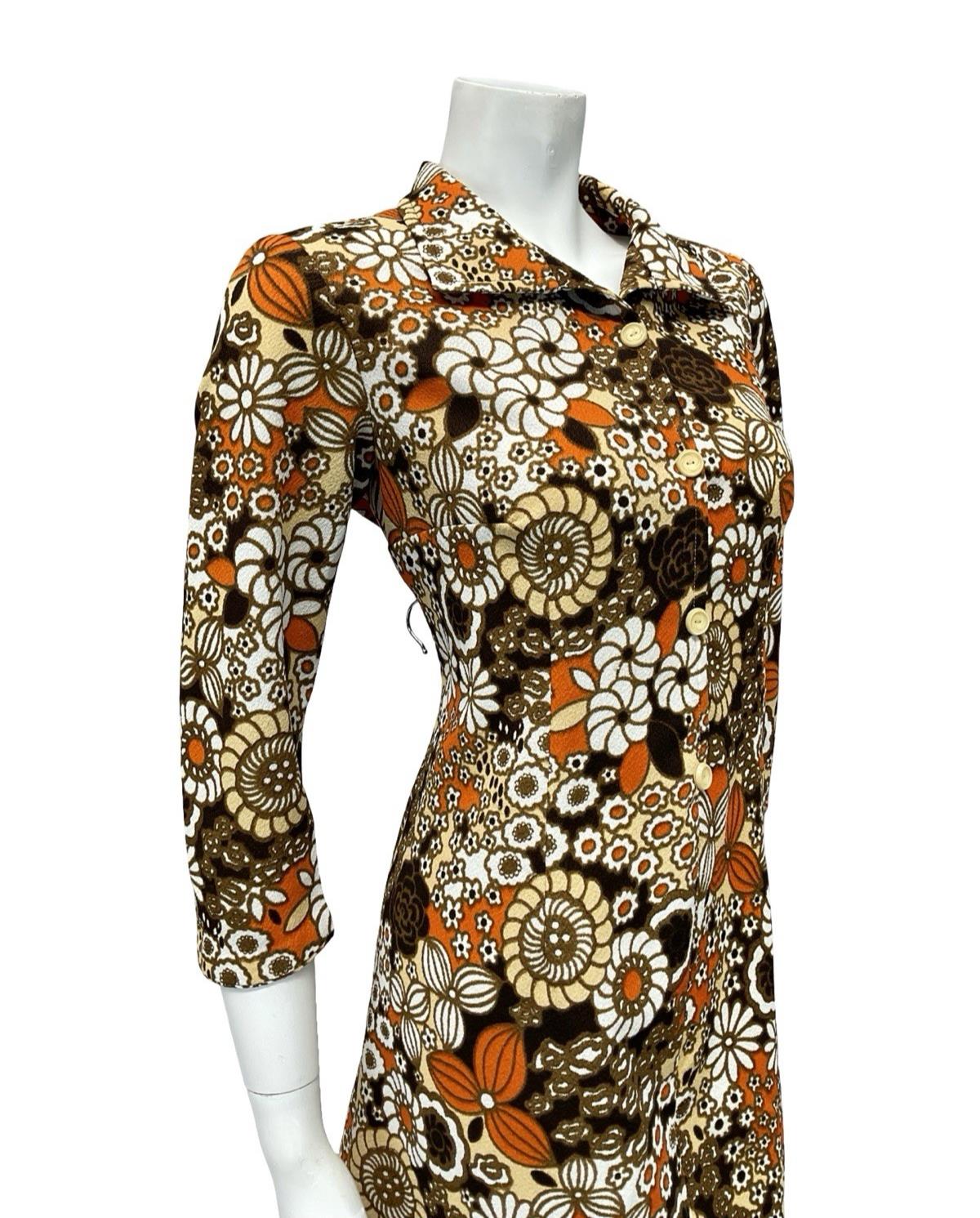 VTG 60S BROWN ORANGE WHITE BEIGE PSYCHEDELIC FLORAL SHIFT SHIRT DRESS 12