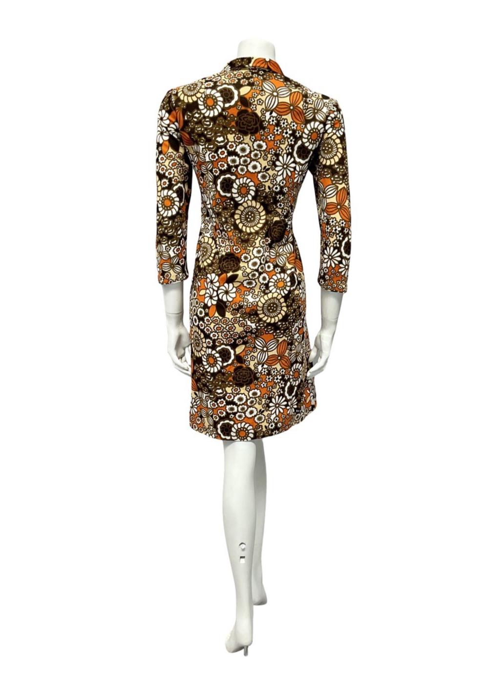 VTG 60S BROWN ORANGE WHITE BEIGE PSYCHEDELIC FLORAL SHIFT SHIRT DRESS 12