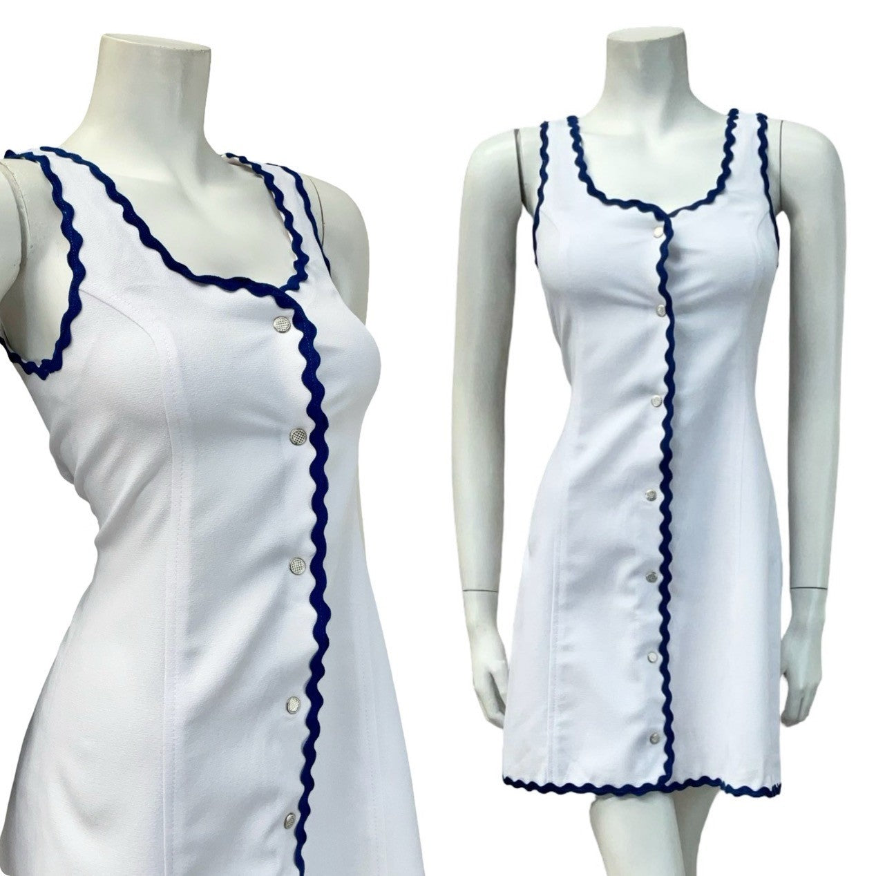 VTG 60S WHITE BLUE SPORTY MOD GOGO SCOOP NECK WAVY TRIM SUN DRESS 4