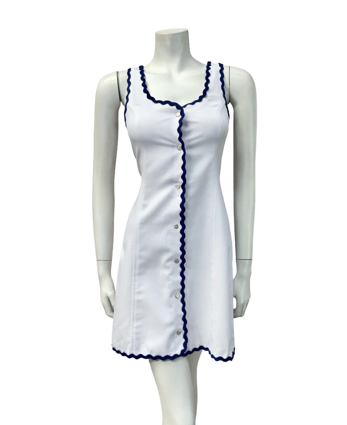 VTG 60S WHITE BLUE SPORTY MOD GOGO SCOOP NECK WAVY TRIM SUN DRESS 4