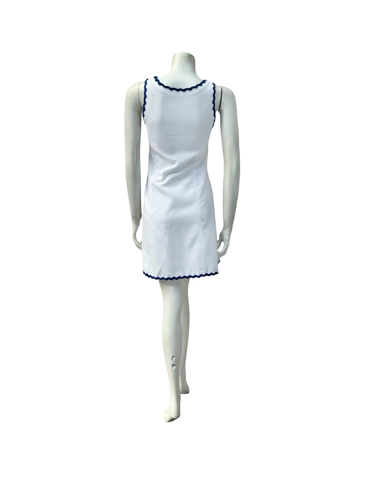 VTG 60S WHITE BLUE SPORTY MOD GOGO SCOOP NECK WAVY TRIM SUN DRESS 4