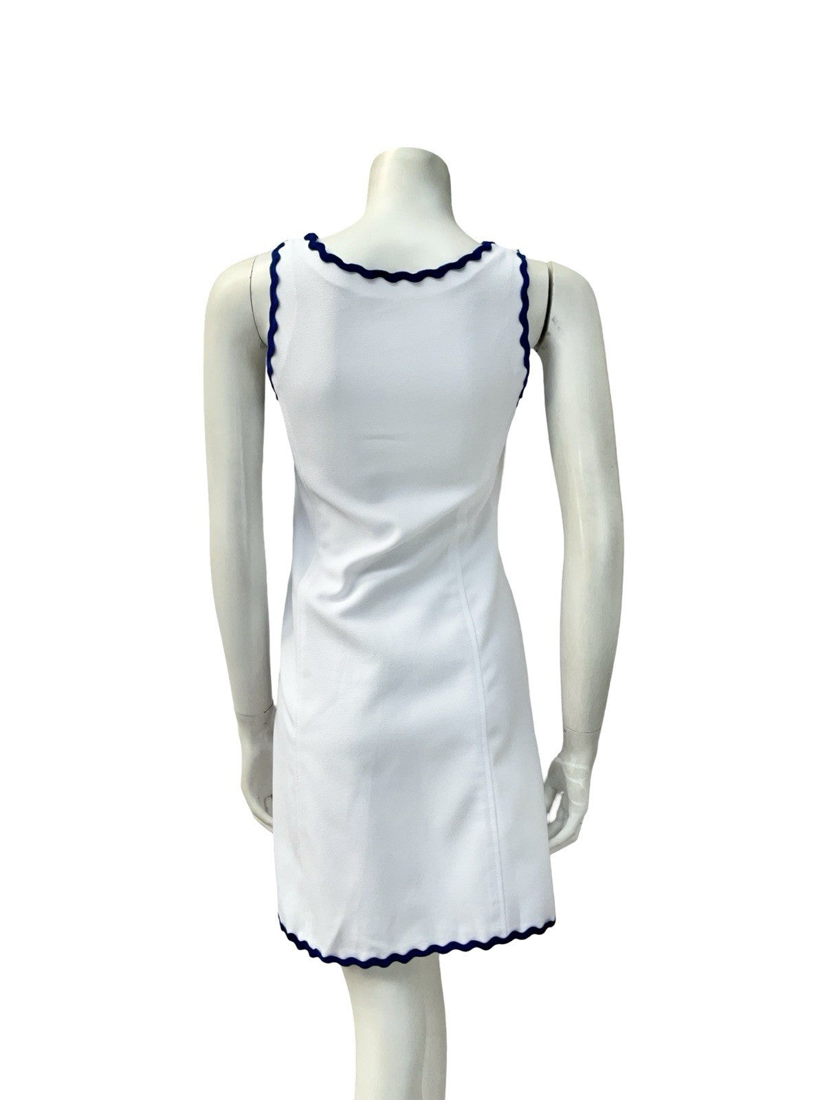 VTG 60S WHITE BLUE SPORTY MOD GOGO SCOOP NECK WAVY TRIM SUN DRESS 4