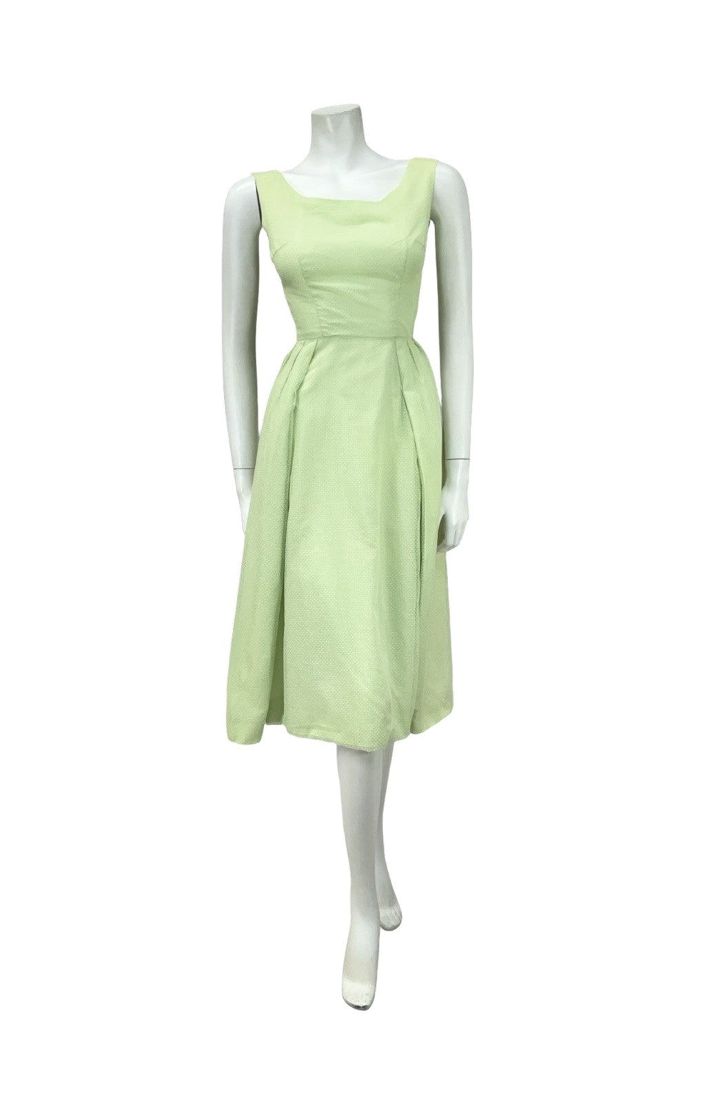 VTG 60S SAGE GREEN CREAM SWISS DOT PLEATED EVENING FORMAL COCKTAIL DRESS 4