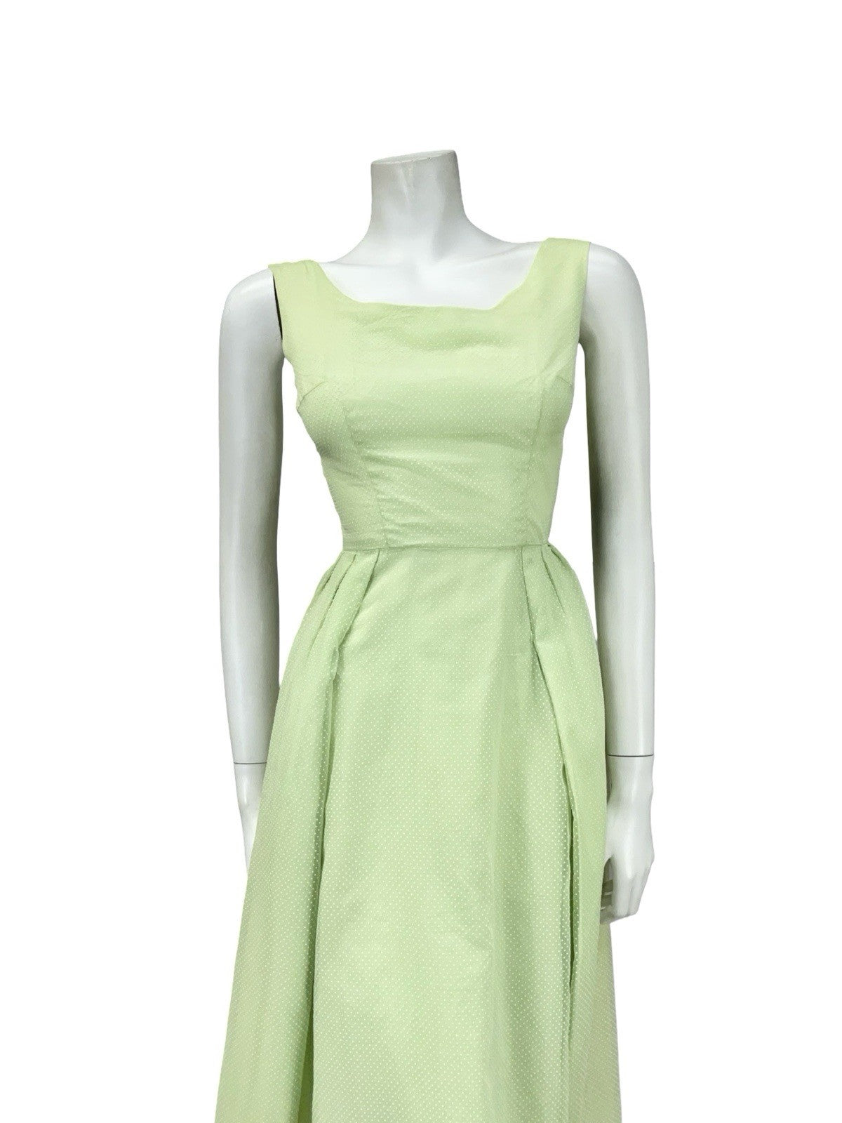 VTG 60S SAGE GREEN CREAM SWISS DOT PLEATED EVENING FORMAL COCKTAIL DRESS 4