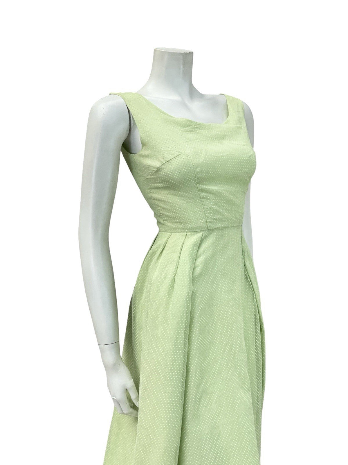 VTG 60S SAGE GREEN CREAM SWISS DOT PLEATED EVENING FORMAL COCKTAIL DRESS 4