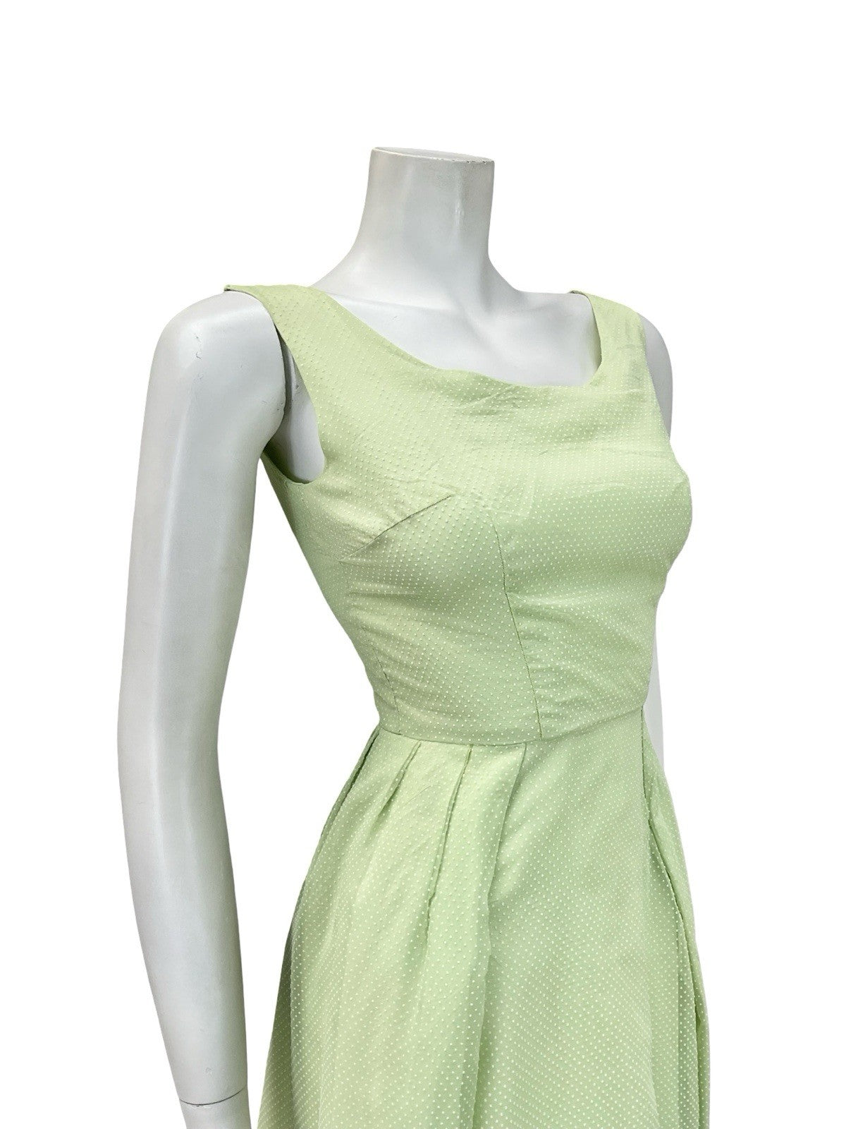 VTG 60S SAGE GREEN CREAM SWISS DOT PLEATED EVENING FORMAL COCKTAIL DRESS 4