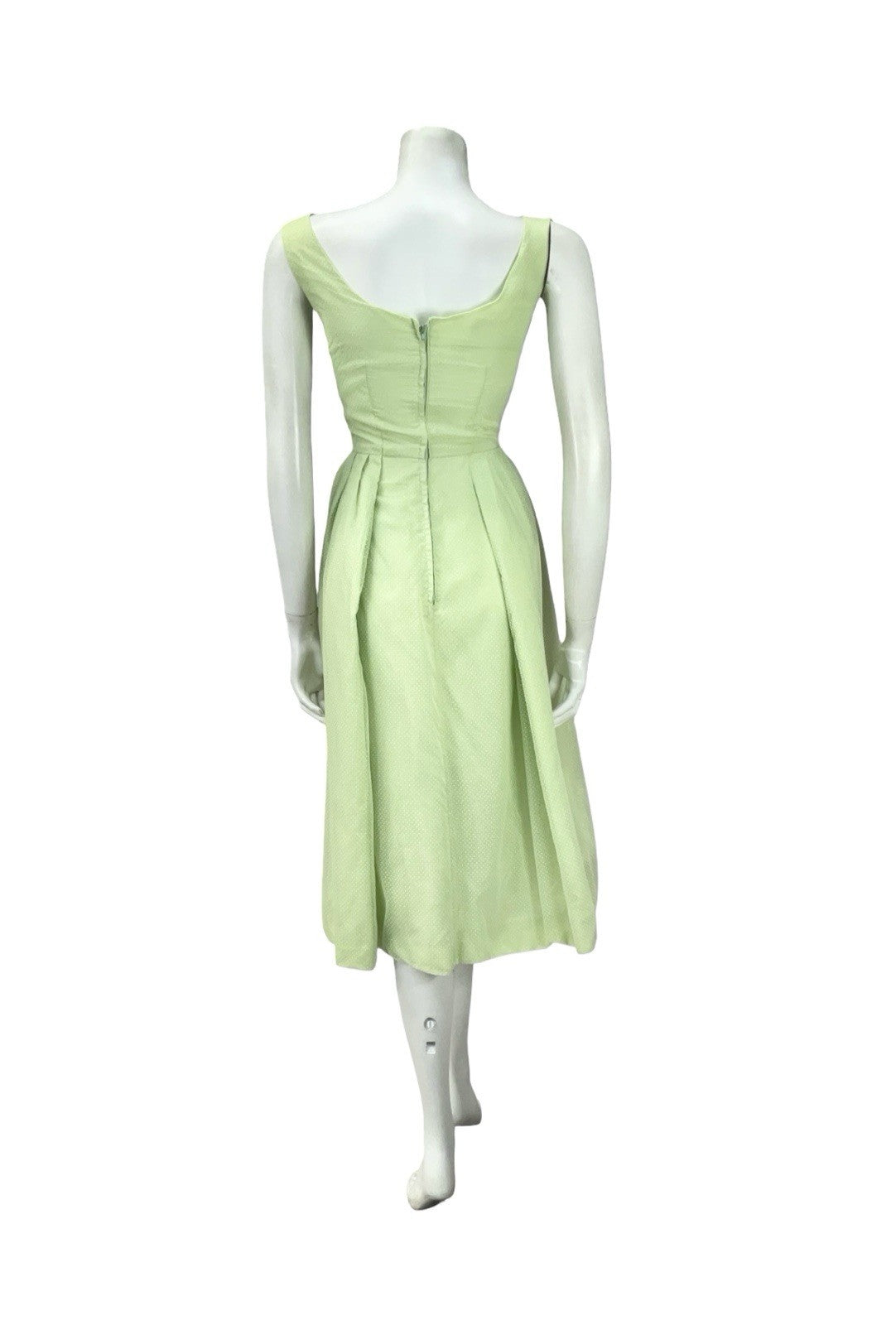 VTG 60S SAGE GREEN CREAM SWISS DOT PLEATED EVENING FORMAL COCKTAIL DRESS 4