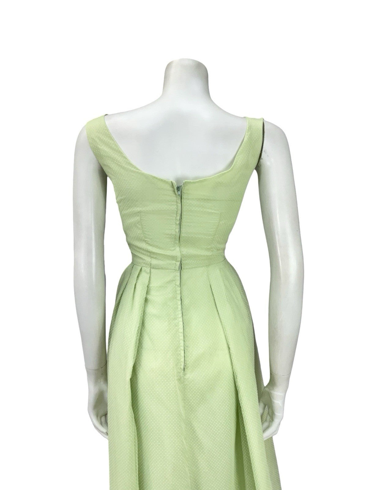 VTG 60S SAGE GREEN CREAM SWISS DOT PLEATED EVENING FORMAL COCKTAIL DRESS 4