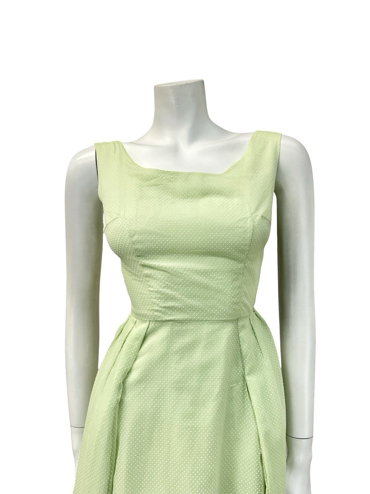 VTG 60S SAGE GREEN CREAM SWISS DOT PLEATED EVENING FORMAL COCKTAIL DRESS 4