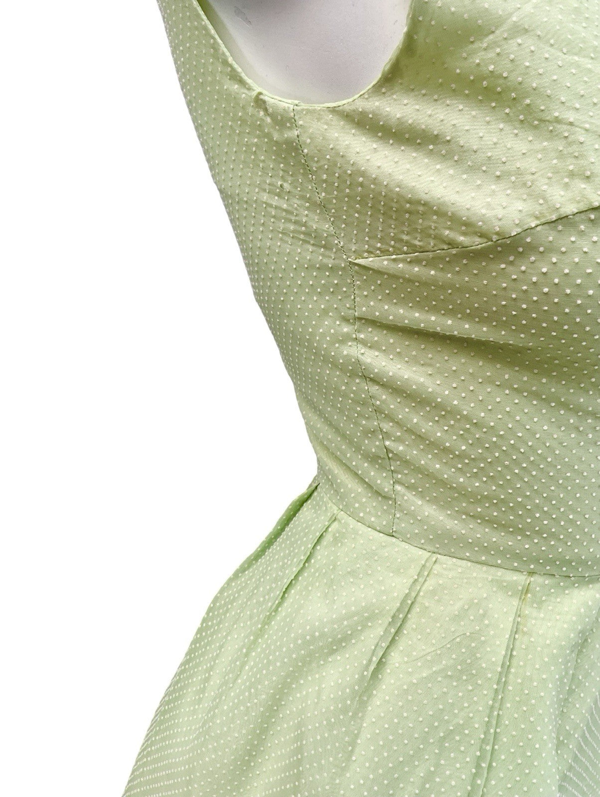VTG 60S SAGE GREEN CREAM SWISS DOT PLEATED EVENING FORMAL COCKTAIL DRESS 4