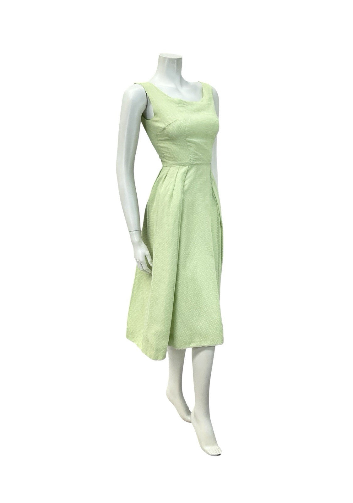 VTG 60S SAGE GREEN CREAM SWISS DOT PLEATED EVENING FORMAL COCKTAIL DRESS 4