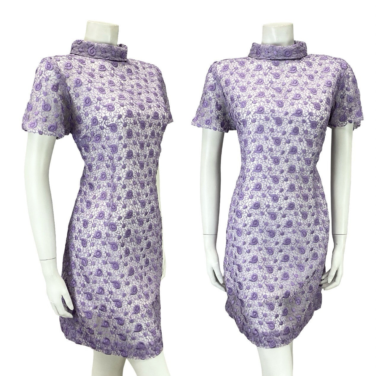 VTG 60S MOD GOGO PURPLE LACE WHITE FUNNEL NECK MINI SHIFT PART DRESS 14