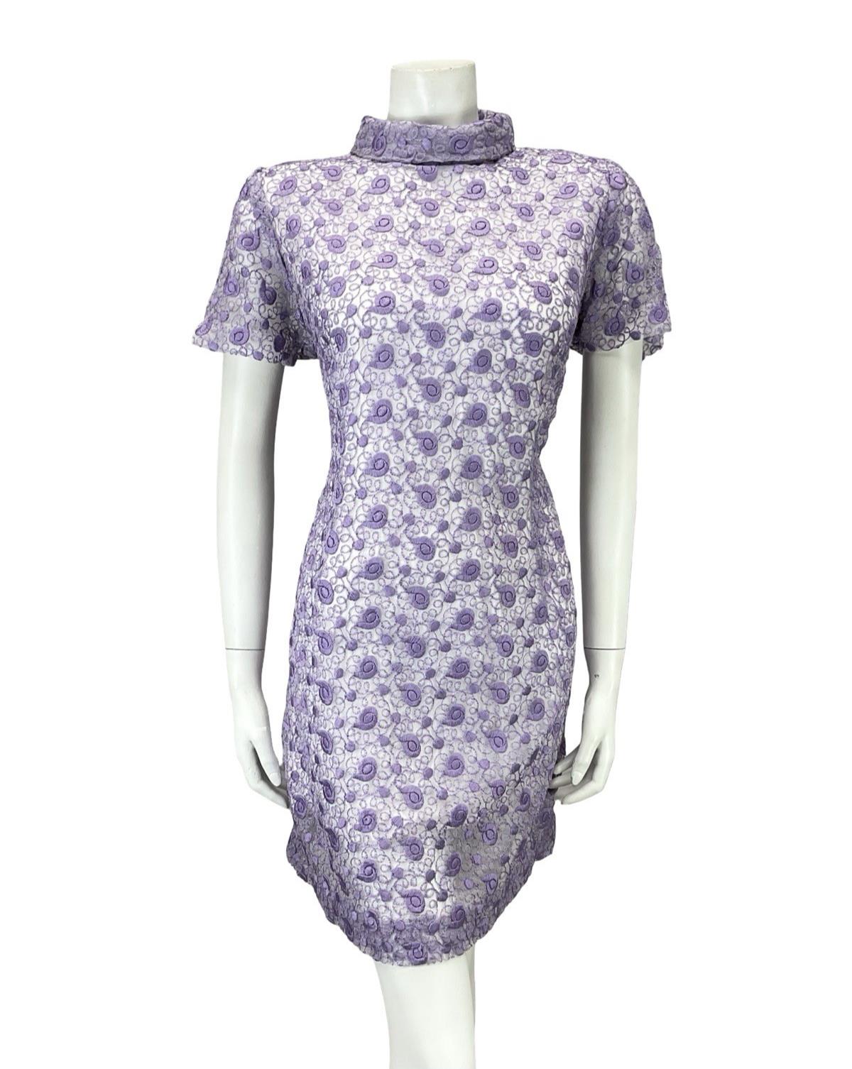VTG 60S MOD GOGO PURPLE LACE WHITE FUNNEL NECK MINI SHIFT PART DRESS 14