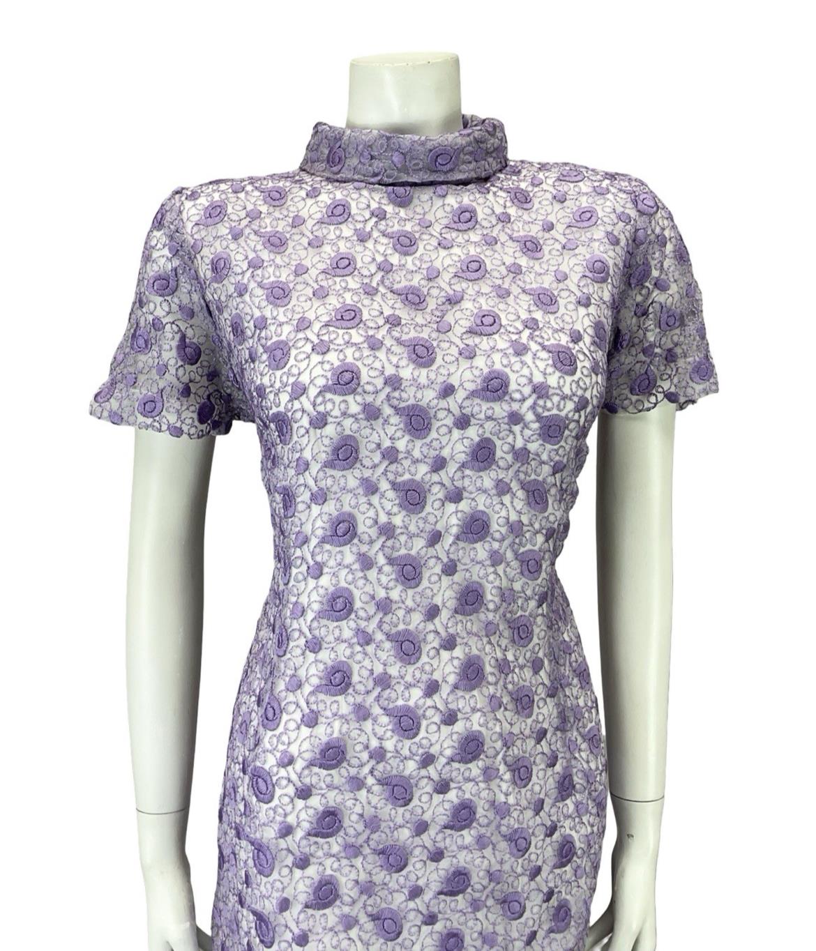VTG 60S MOD GOGO PURPLE LACE WHITE FUNNEL NECK MINI SHIFT PART DRESS 14