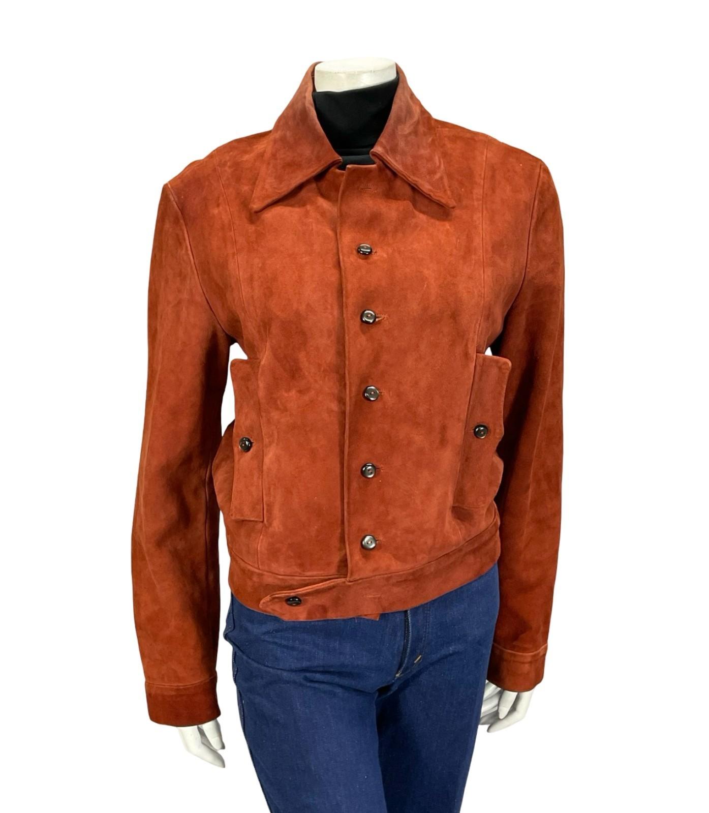 VTG 70S RUSTY REDDISH BROWN SUEDE CROPPED DAGGER COLLAR SUEDE JACKET 12 14 M